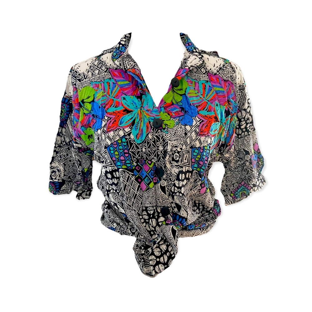 :::SOLD:::Michele Leslie 80s small Hawaiian shirt geometric floral pattern